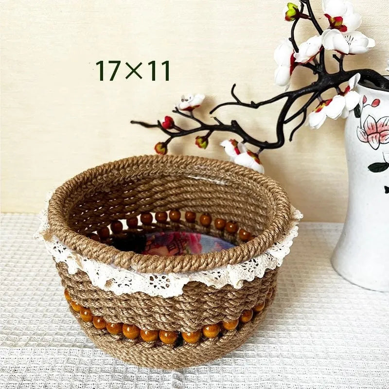 Brown hand-woven storage basket, 17 x 11cm, Oxford cloth, hollow retro tabletop organiser