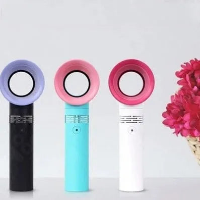 Portable bladeless fan in choice of colours with USB cable and base, showing no visible blades.