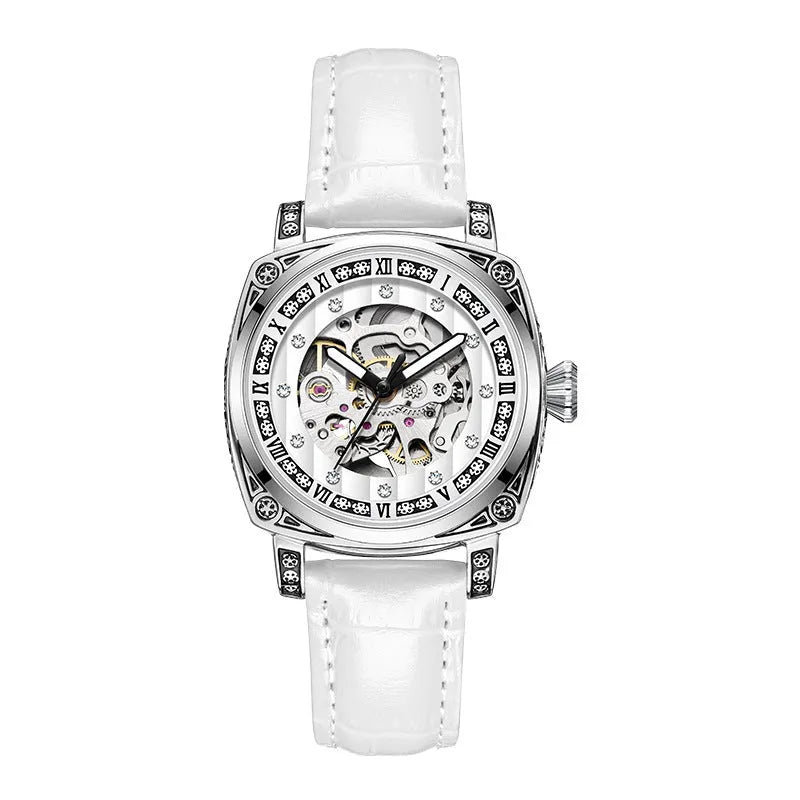 Leather strap mechanical watch with luminous hands showing 10m waterproof rating
