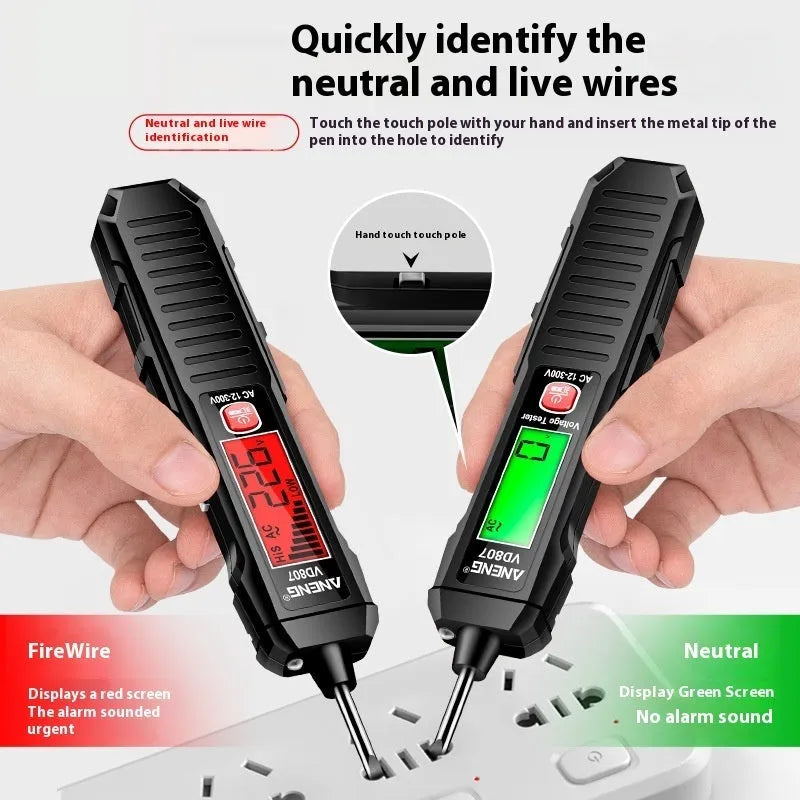 Digital voltage tester pen with LCD display showing voltage reading, black and red plastic housing