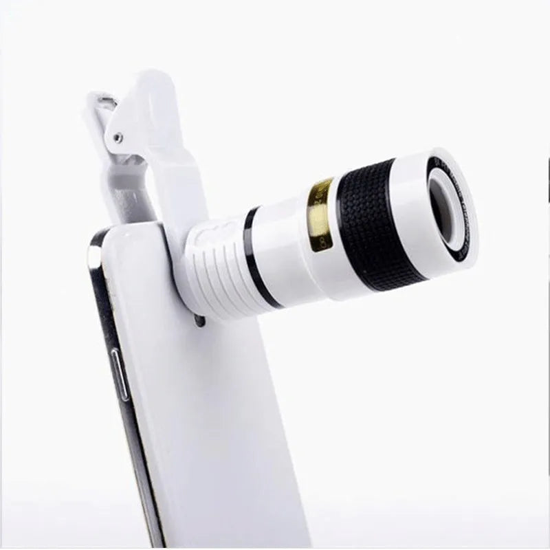 12X phone telescope attached to mobile phone with clip, showing extended lens for zoom photography