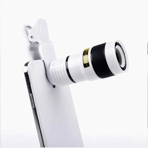 12X phone telescope attached to mobile phone with clip, showing extended lens for zoom photography