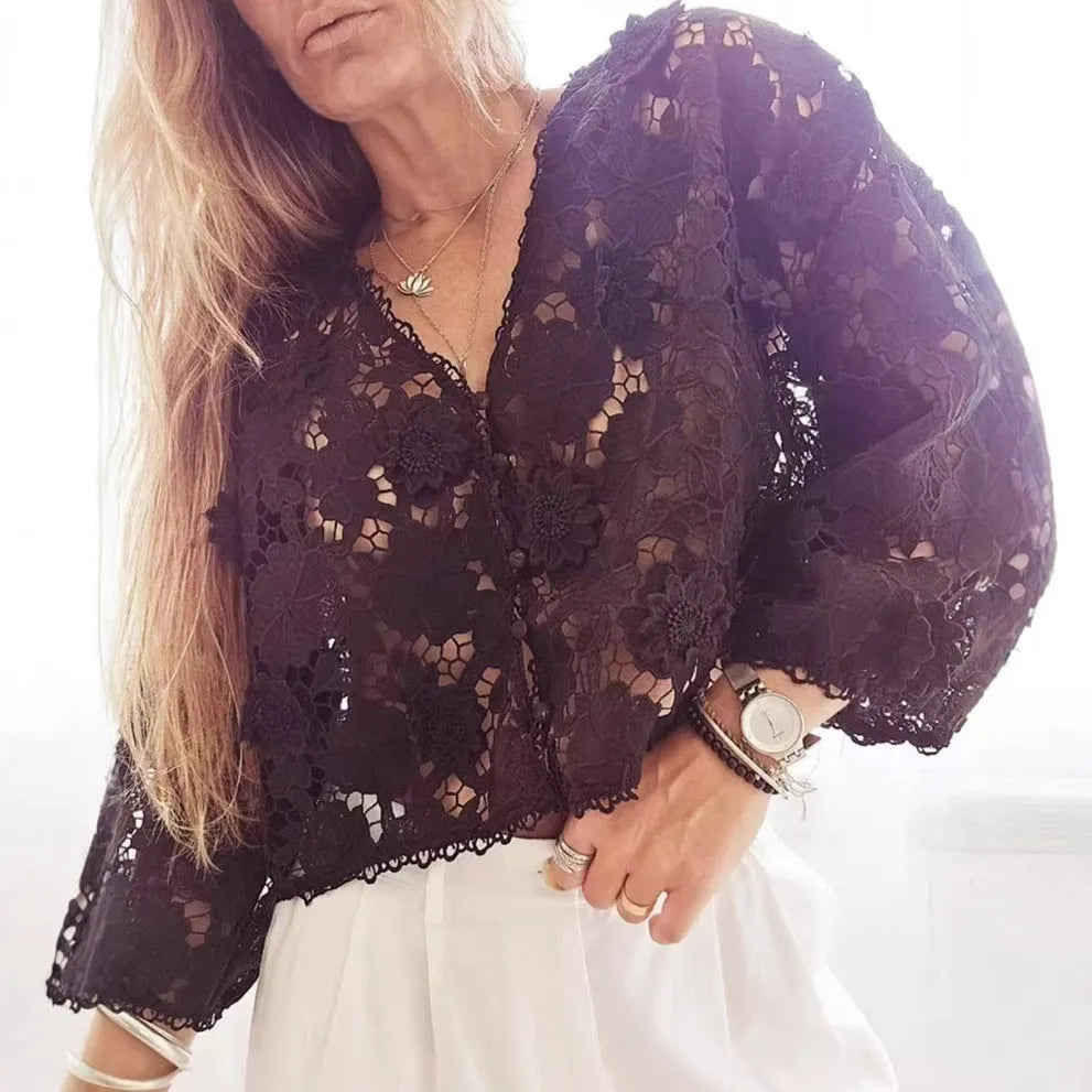Black polyester lace cardigan with three-dimensional floral decoration and V-neck design on hanger