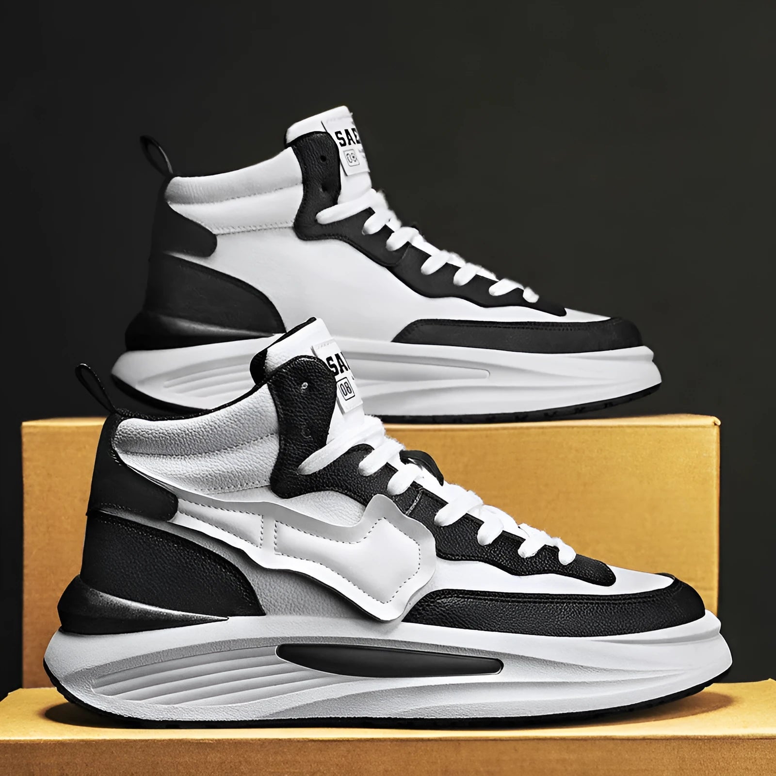 Men's black and white high-top board shoes with round toe and platform sole