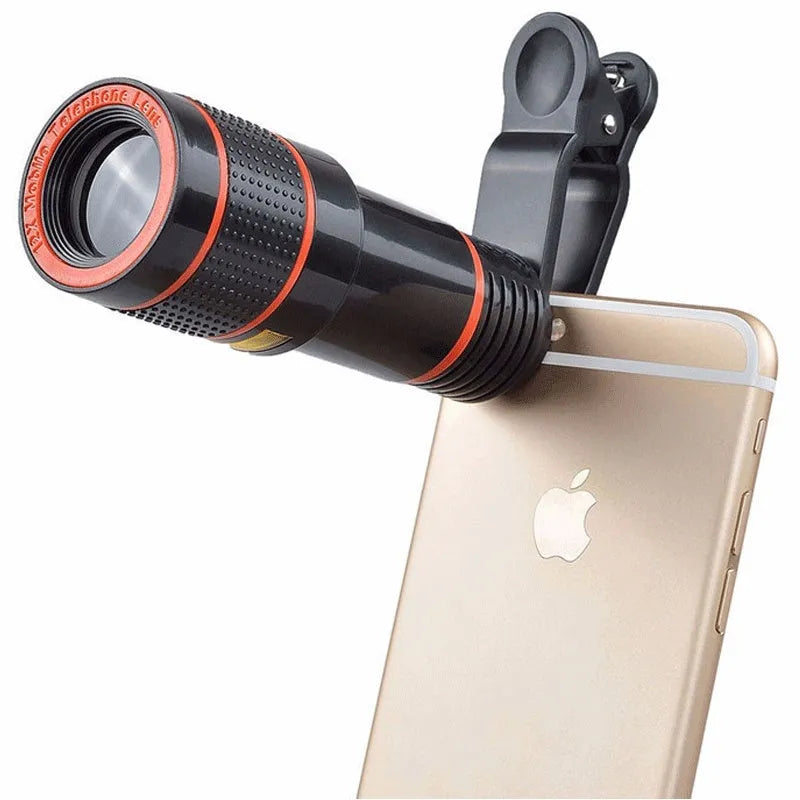 12X phone telescope attached to mobile phone with clip, showing extended lens for zoom photography