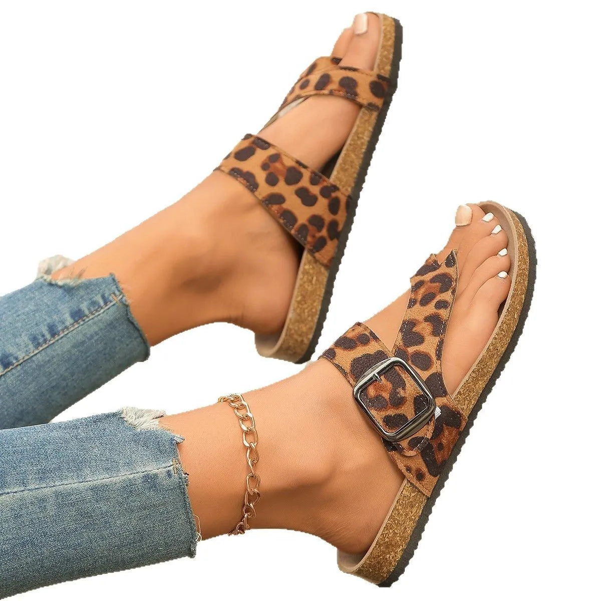 Leopard print Roman style slippers with covering toe design and wooden sole