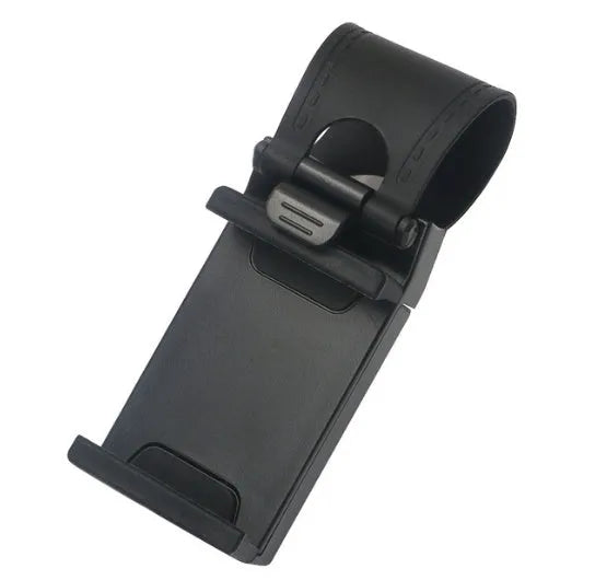 Black steering wheel phone mount with adjustable clip and 360-degree ball joint holding mobile device