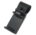 Black steering wheel phone mount with adjustable clip and 360-degree ball joint holding mobile device