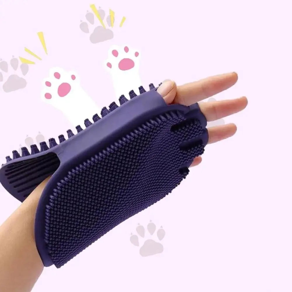 Purple pet shampoo massage brush with soft TPR bristles and ergonomic handle for dog and cat grooming