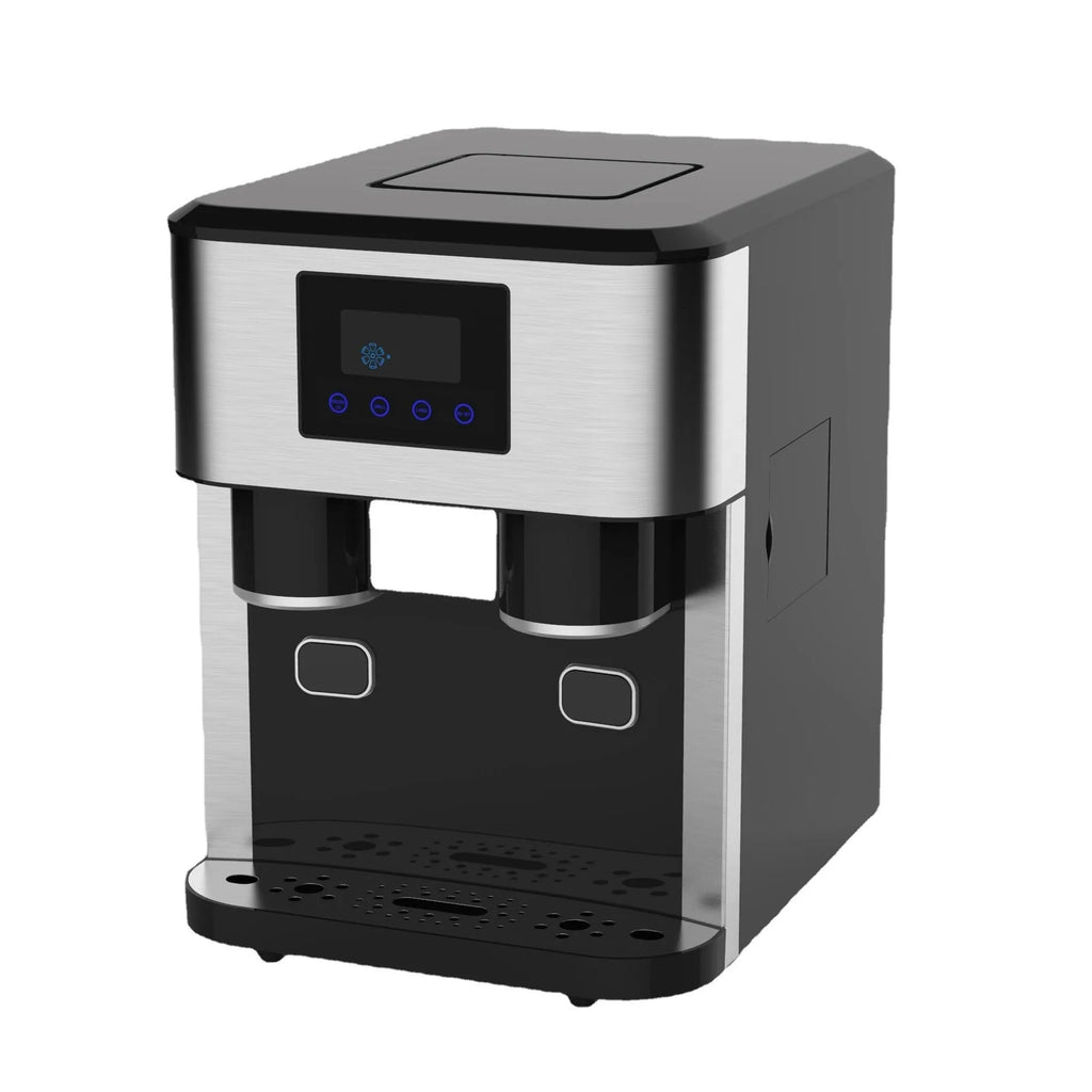 Black desktop ice maker machine with stainless steel interior on a kitchen countertop