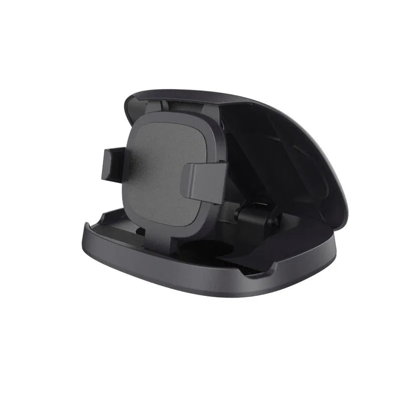 Black rotating suction cup car navigator bracket holding a smartphone on a car windscreen.