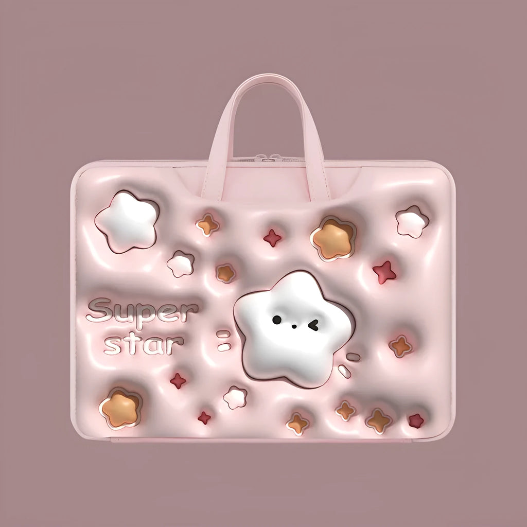 Inflatable laptop bag with hanging loop in PU leather showing cat beige design