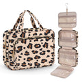 Polyester travel cosmetic storage bag shown in multiple colour options including leopard print.