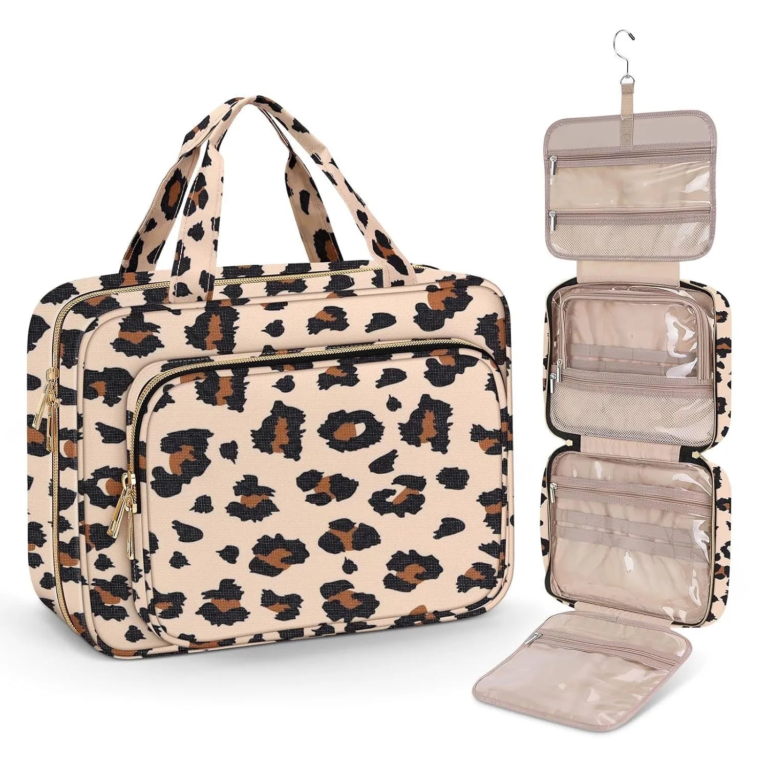 Polyester travel cosmetic storage bag shown in multiple colour options including leopard print.