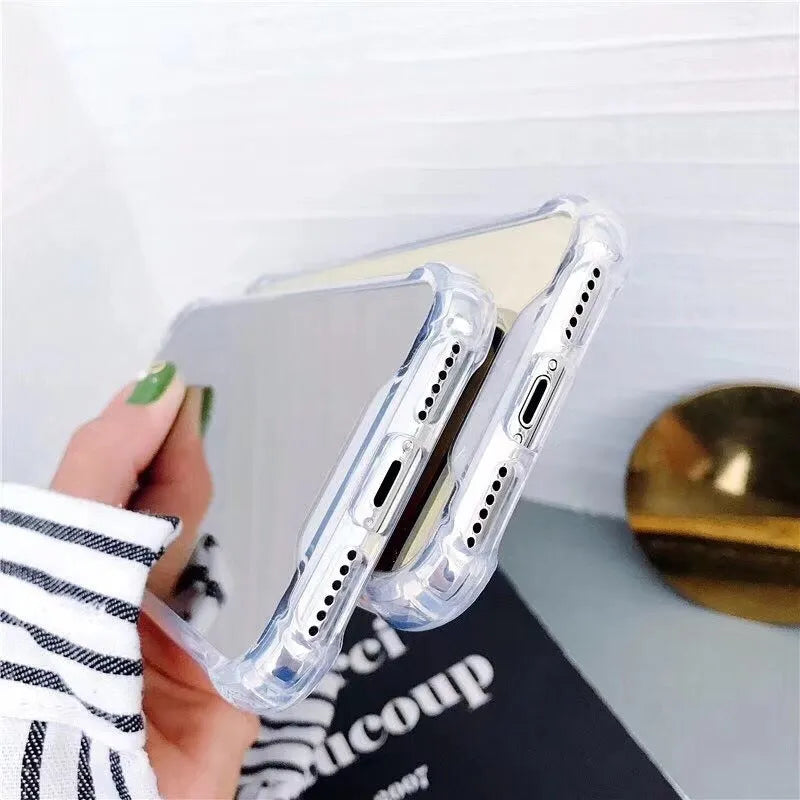 Mirror Phone Case in TPU material for iPhone protection, shown in multiple colours including black, blue, gold, rose gold, silver, and transparent.
