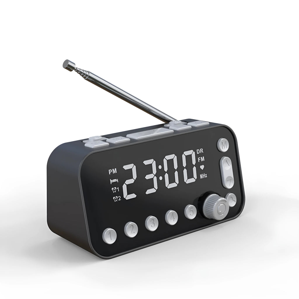 Black DAB bedside alarm clock with upgrade antenna, large LED display and USB charging ports