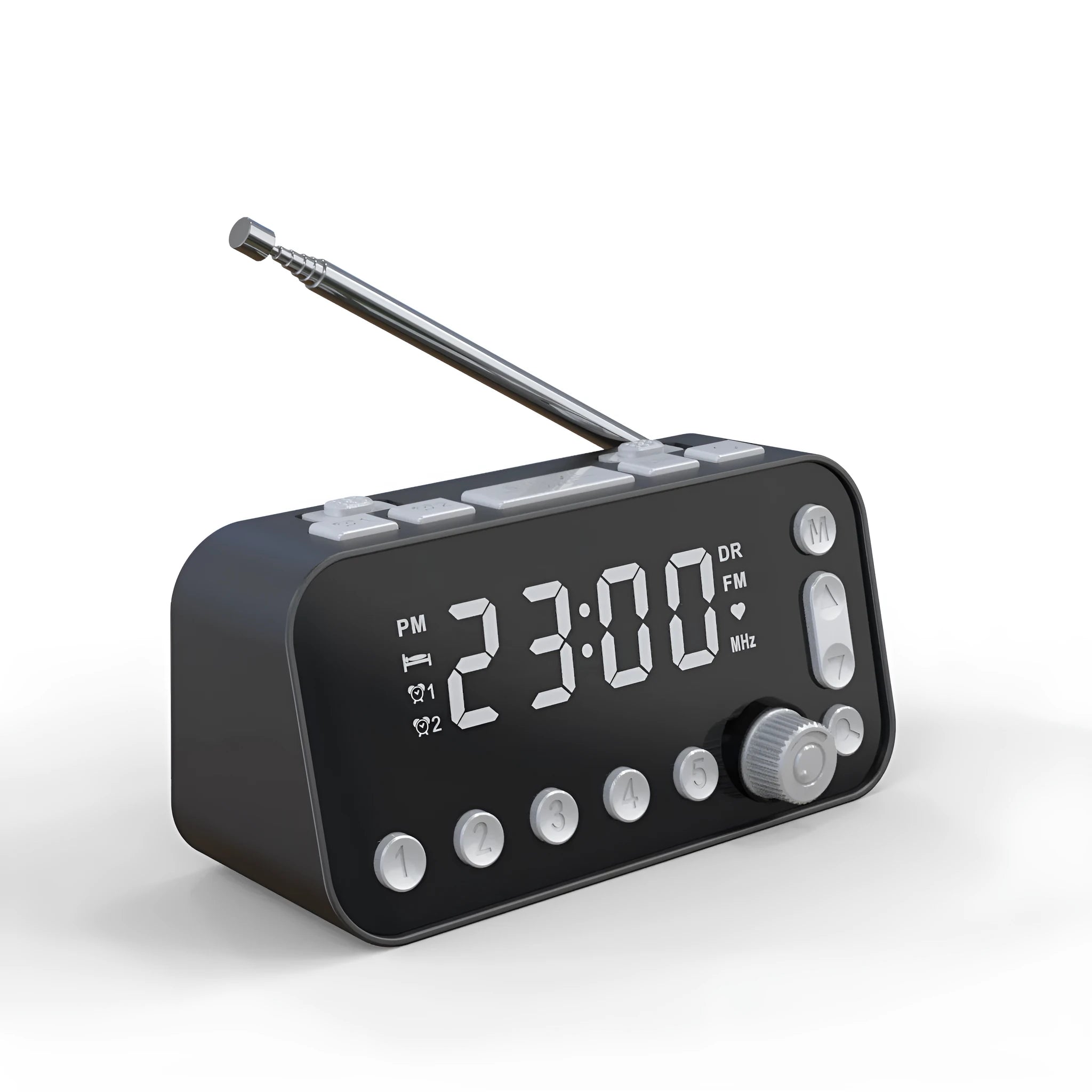 Black DAB bedside alarm clock with upgrade antenna, large LED display and USB charging ports