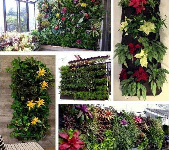 Vertical wall garden planting bag with 18 pockets made from recycled felt for herbs and vegetables