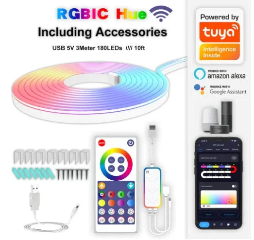 3-metre flexible RGB neon light strip with USB connector and remote control for interior lighting