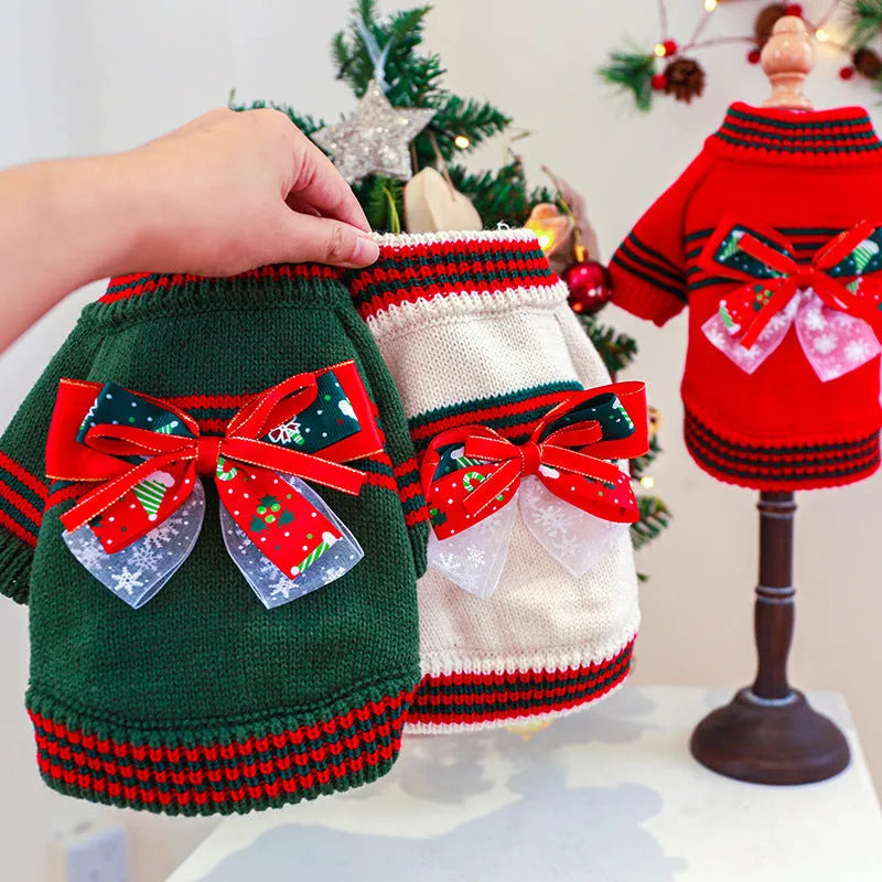 Red Christmas dog jumper on small dog showing polyester knit fabric and reinforced stitching