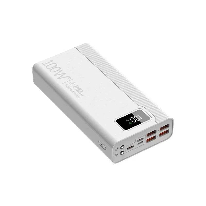 Black or white power bank measuring 150x76mm with capacity options from 20000 to 50000 mAh supporting fast charging