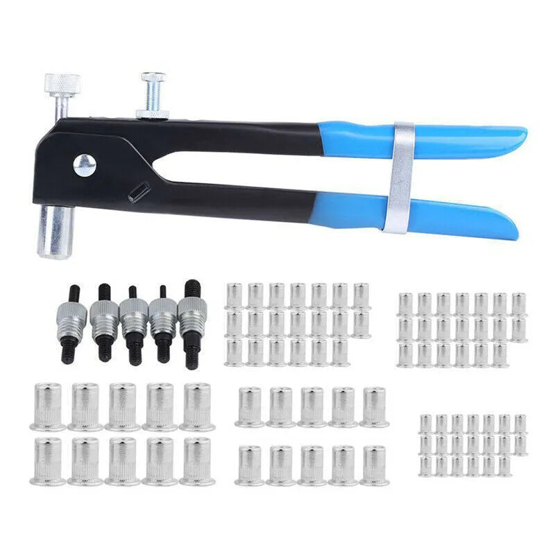 Manual riveter nut set with alloy steel construction showing tool and assortment of nuts in 86PC or 106PC configuration