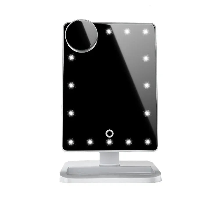Touch screen makeup mirror with LED lights and Bluetooth speaker in multiple colour options
