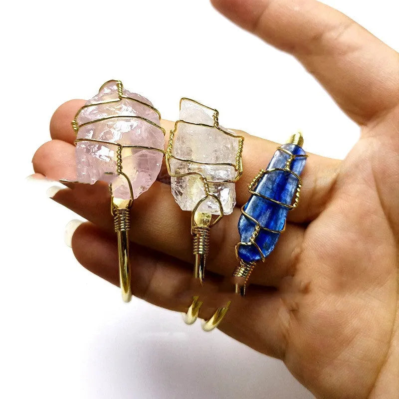 Natural crystal rough stone bracelet with geometric unshaped design and gold winding metal accents