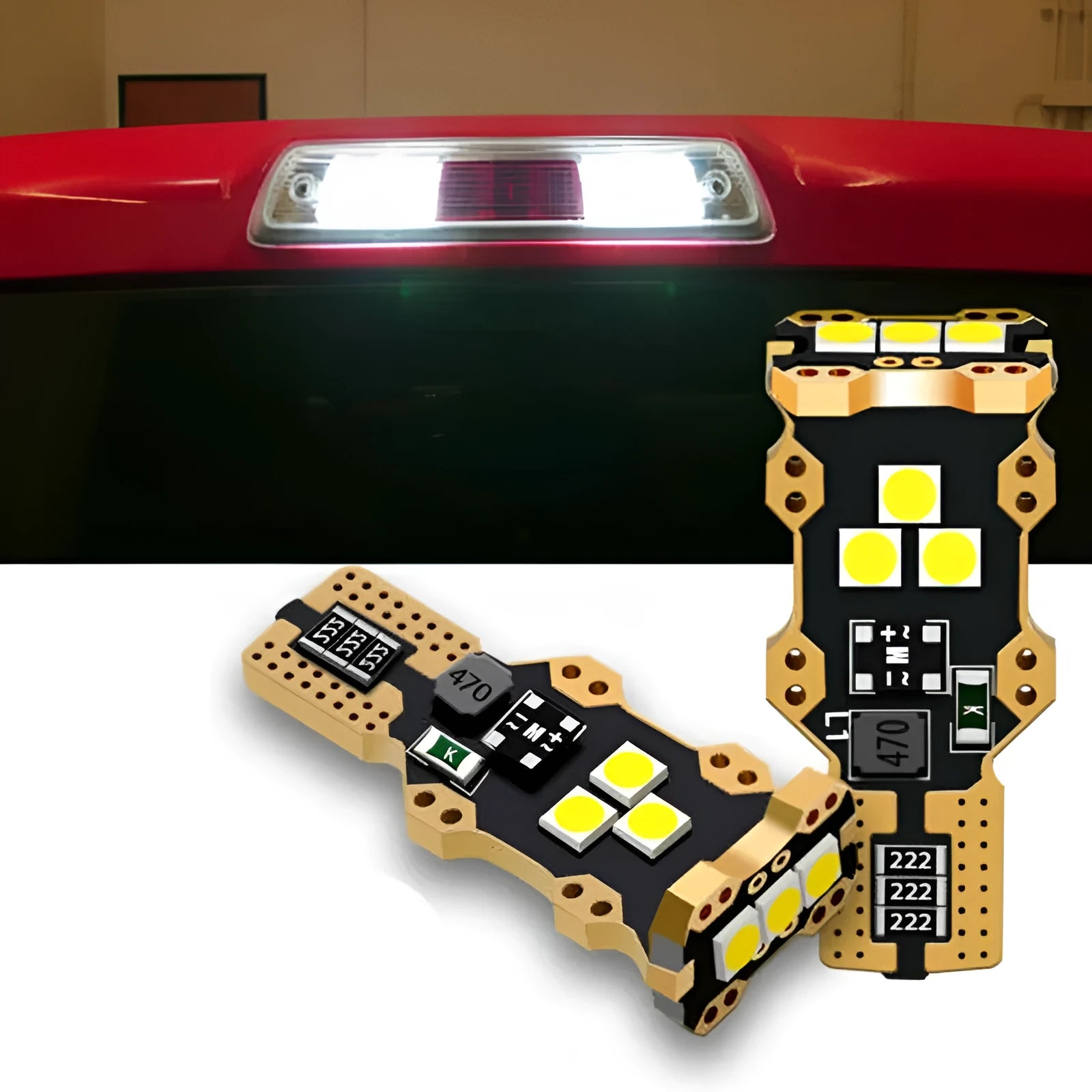 T15 automotive reverse light bulb with white 6000K colour temperature and PVC housing for 12V car systems