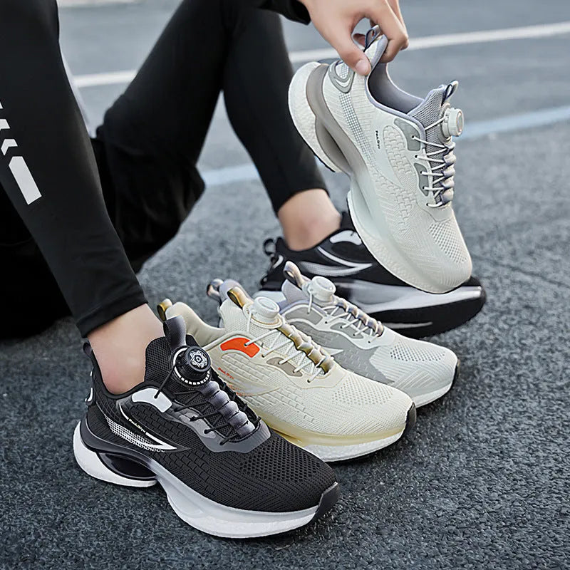 White rotating buckle running shoes with Fly-kit mesh upper and TPU popcorn sole