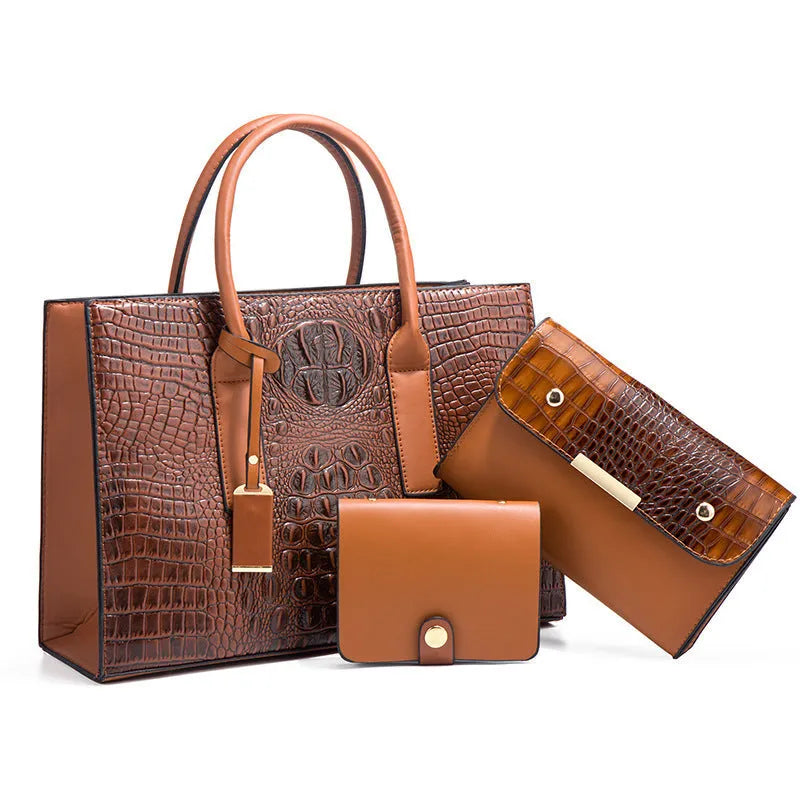 Women's three-piece PU handbag set with crocodile pattern in horizontal square shape.