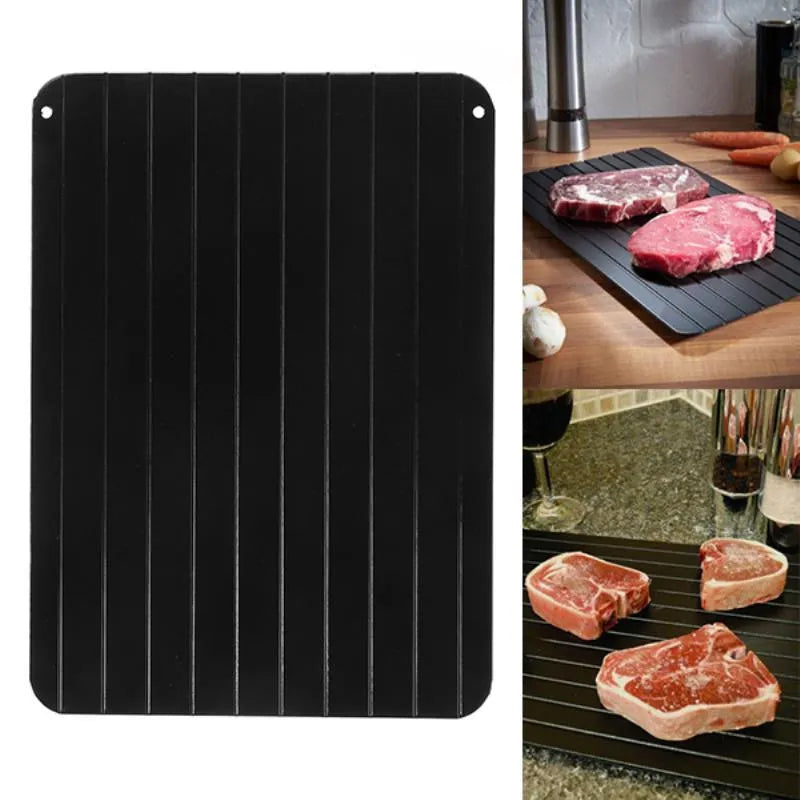 Black aluminium quick defrosting tray for thawing frozen food without electricity