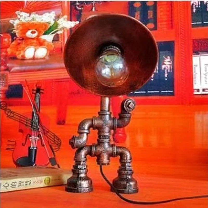 Iron pipe industrial retro table lamp with customisable water pipe design on wooden desk