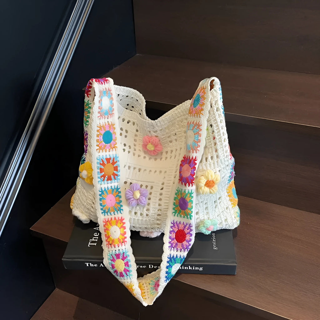 Casual hollow weave beach shoulder bag in milky white showing knitting texture