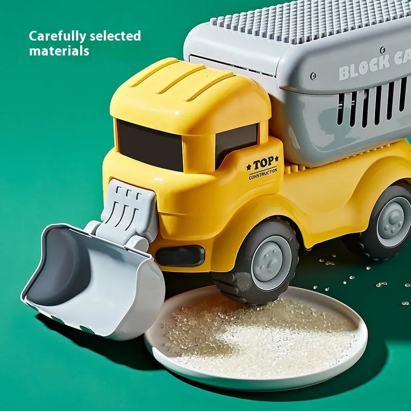 Large particle plastic building block toy car on wheels for children aged 4 to 6, in dinosaur duck shovel and pressure car themes