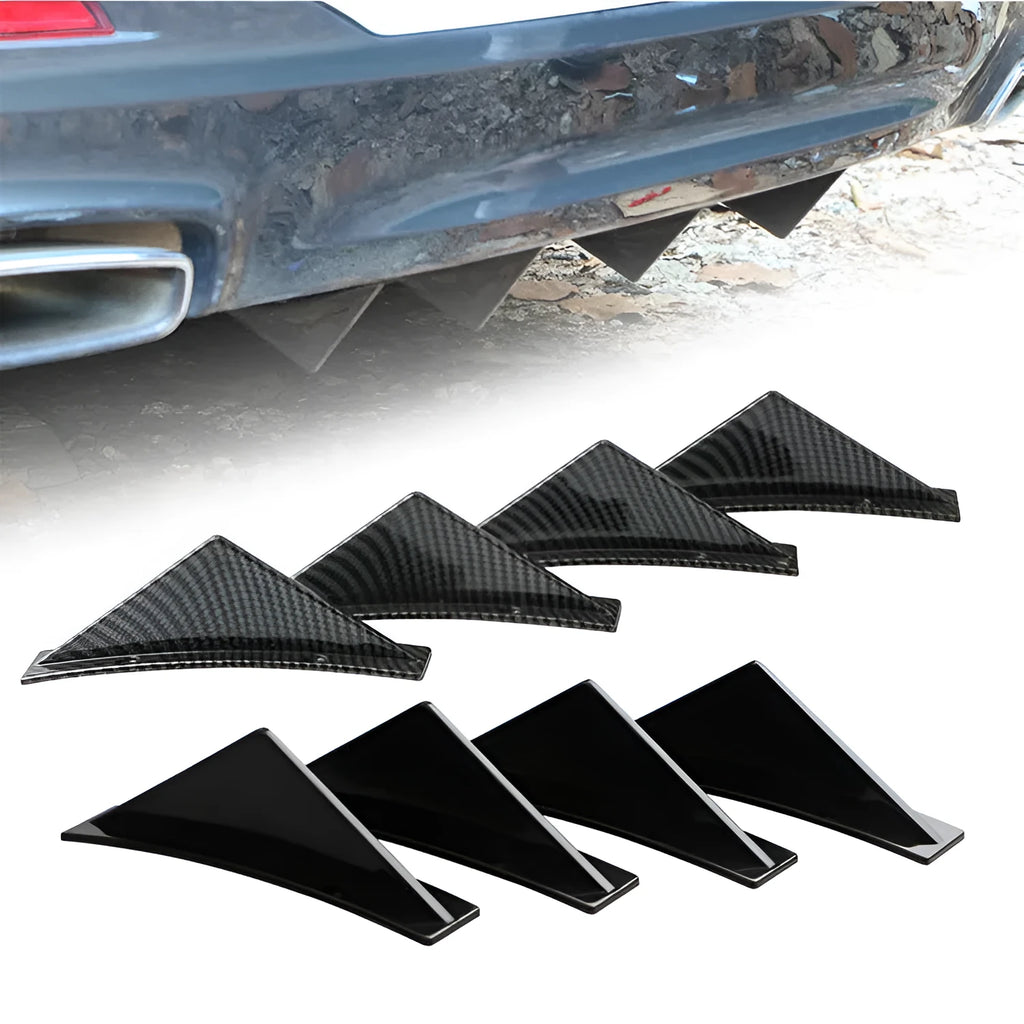 Set of four universal triangle car rear spoilers in ABS plastic on a white background.