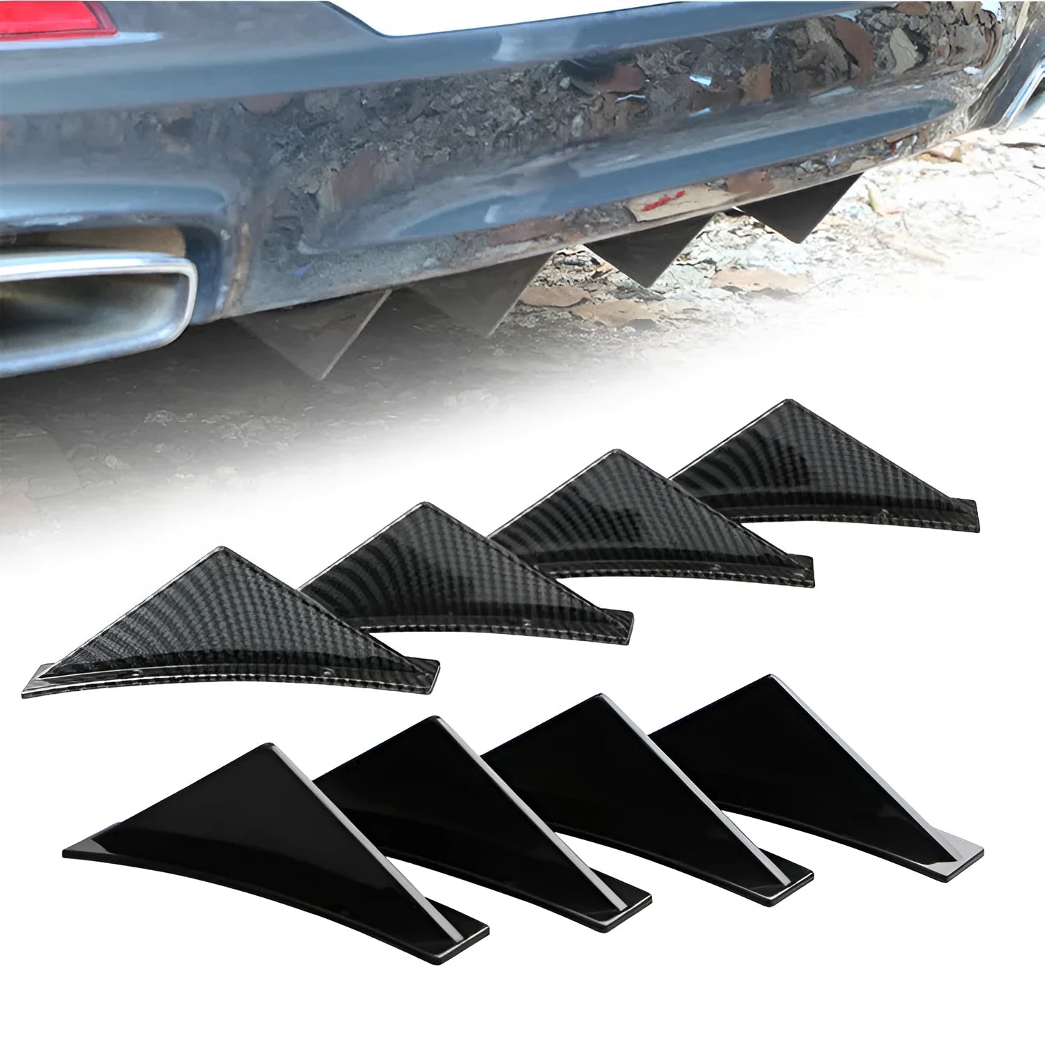 Set of four universal triangle car rear spoilers in ABS plastic on a white background.