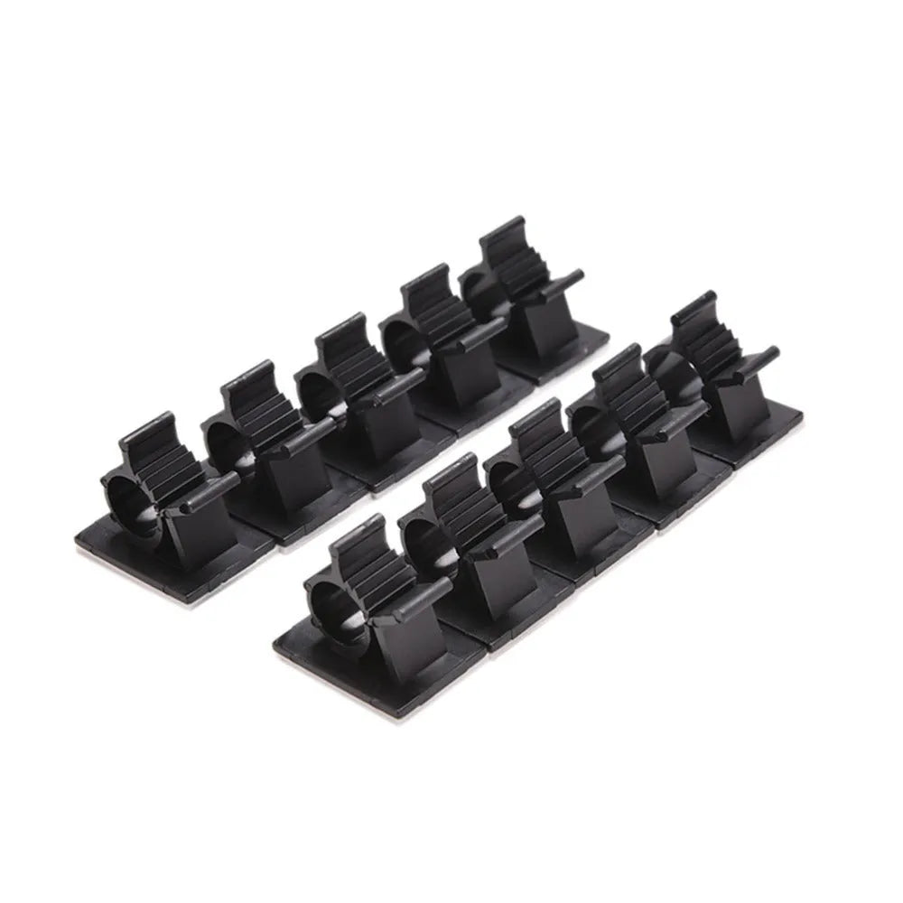 Ten black nylon adhesive cable clamps with two-stage lock for 13mm wires.