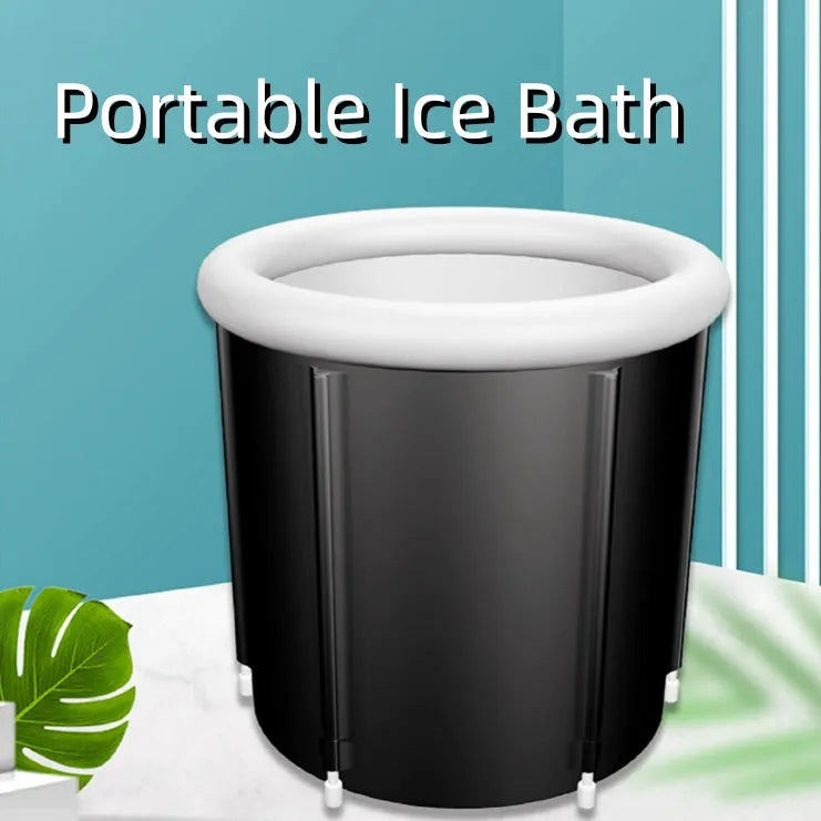 Black portable inflatable PVC ice bath with weather lid, shown at 70x80cm size