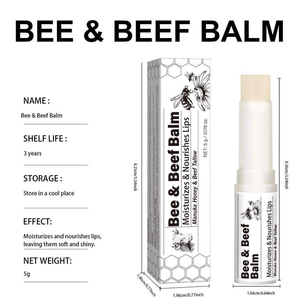 Beef fat lip balm tube measuring 83x19mm with organic grass-fed butter formulation