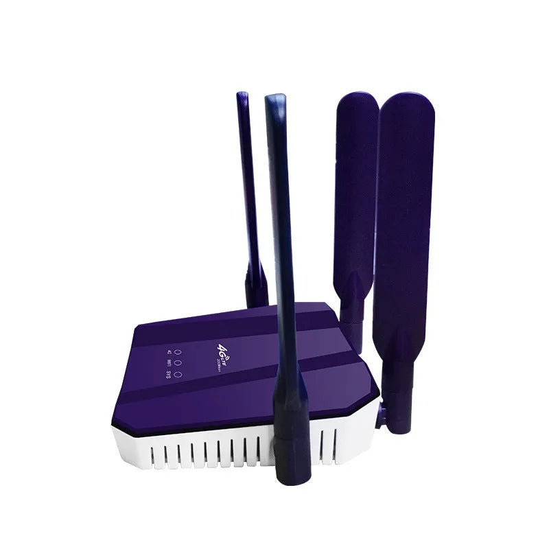 Blue 4G all netcom dual mode router with four antennas, measuring 153 mm wide, for wireless and wired internet connectivity