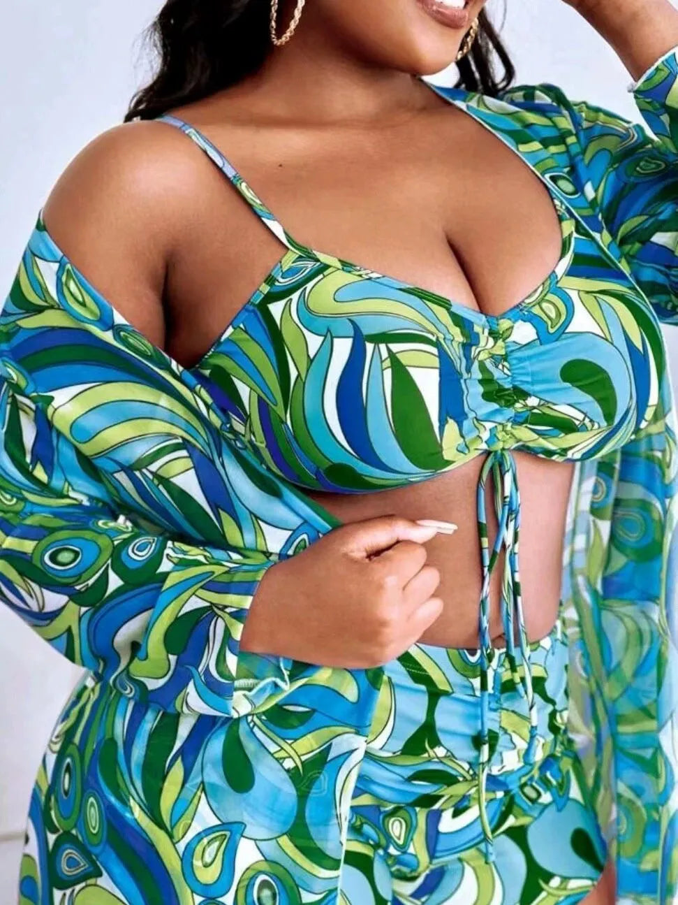 Women's floral print swimsuit bikini three-piece set with matching cardigan in larger sizes