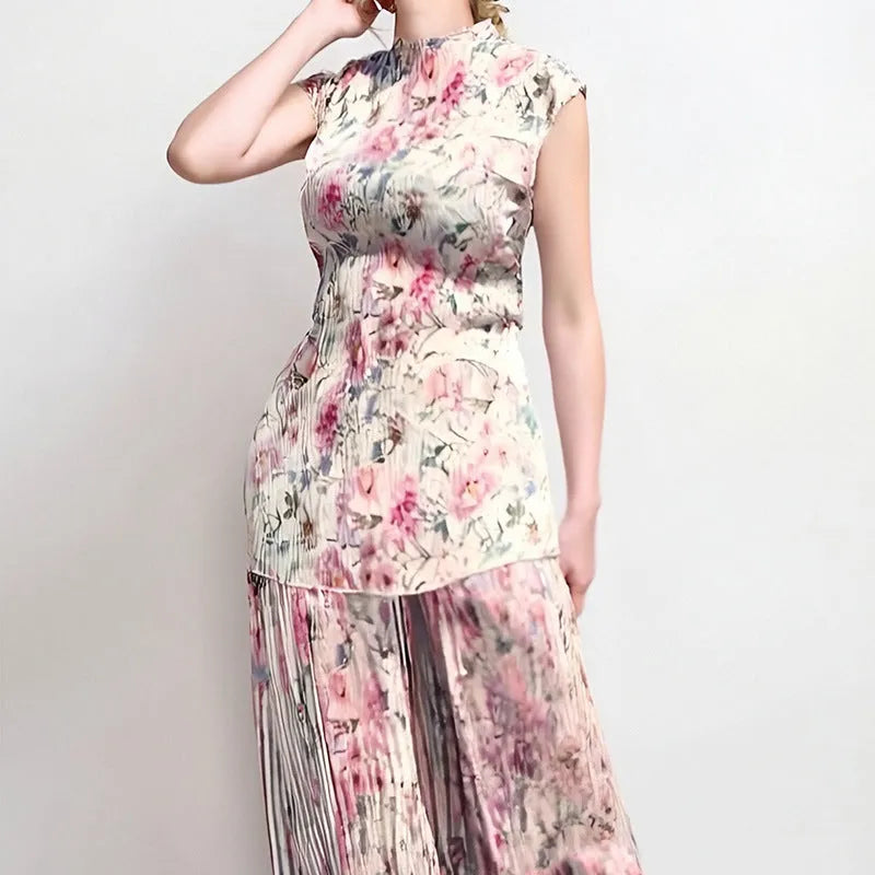 Long sleeve printed chiffon dress high waist set with skirt and top in sizes S to 3XL
