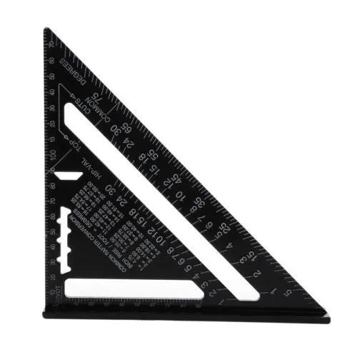 Black aluminium triangle ruler square showing 90 and 45 degree angles with metric and imperial scale markings.