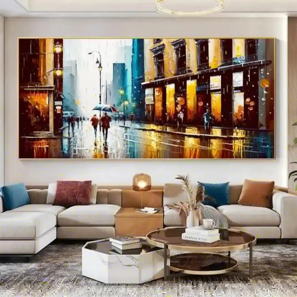 Handmade abstract urban architectural oil painting on canvas, horizontal framed-less rolled wall art for modern home decor