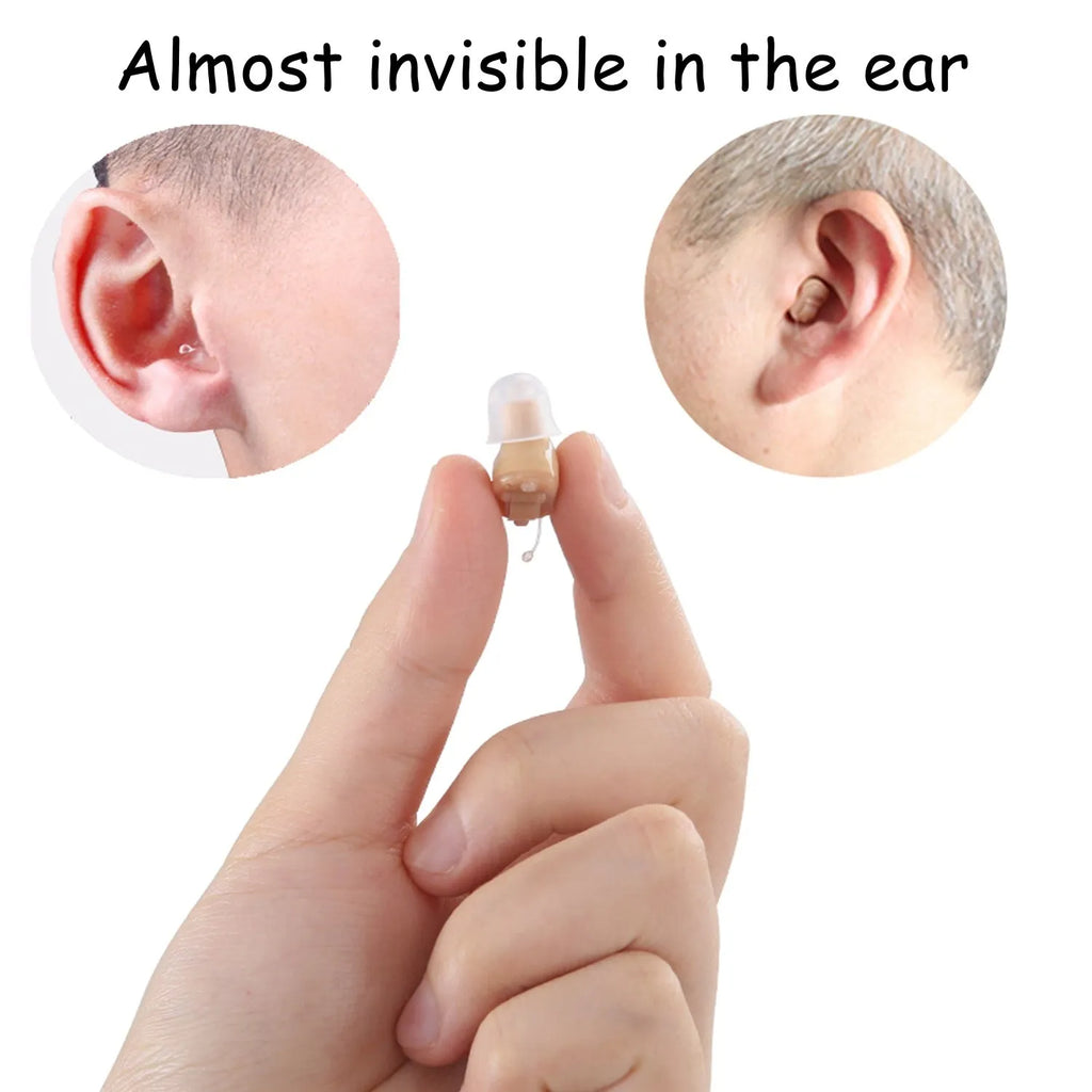 Mini T23 completely-in-canal hearing aid unit with a selection of ear dome sizes for fitting.