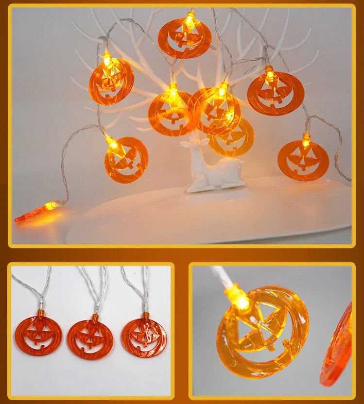 Halloween LED string lights with bat, pumpkin, and ghost pendants, waterproof for outdoor decoration