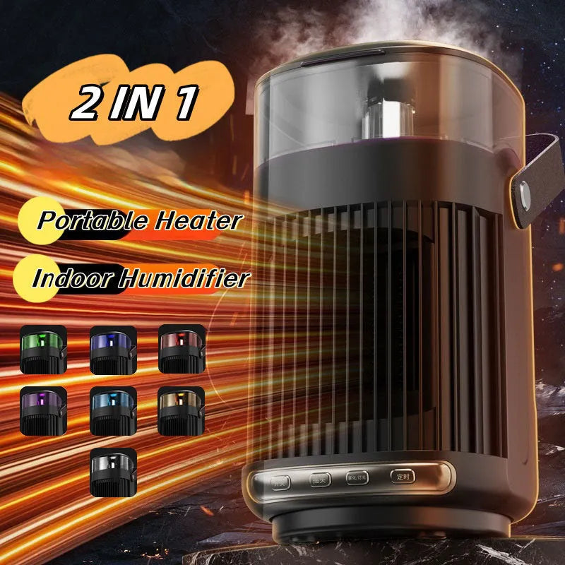 Black portable heater and humidifier with 2000W PTC heating, 24cm compact size, front-panel controls, and shaking head air supply