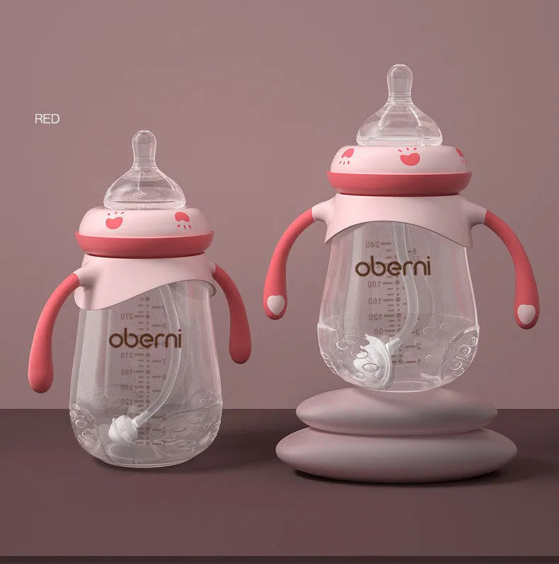 Blue wide caliber baby bottle with handle, anti-colic design, 300ml capacity