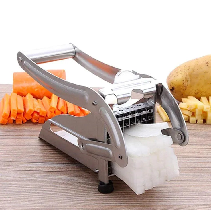 A potato cutter chopper with two stainless steel blades and a non-slip rubber foot on a kitchen counter.